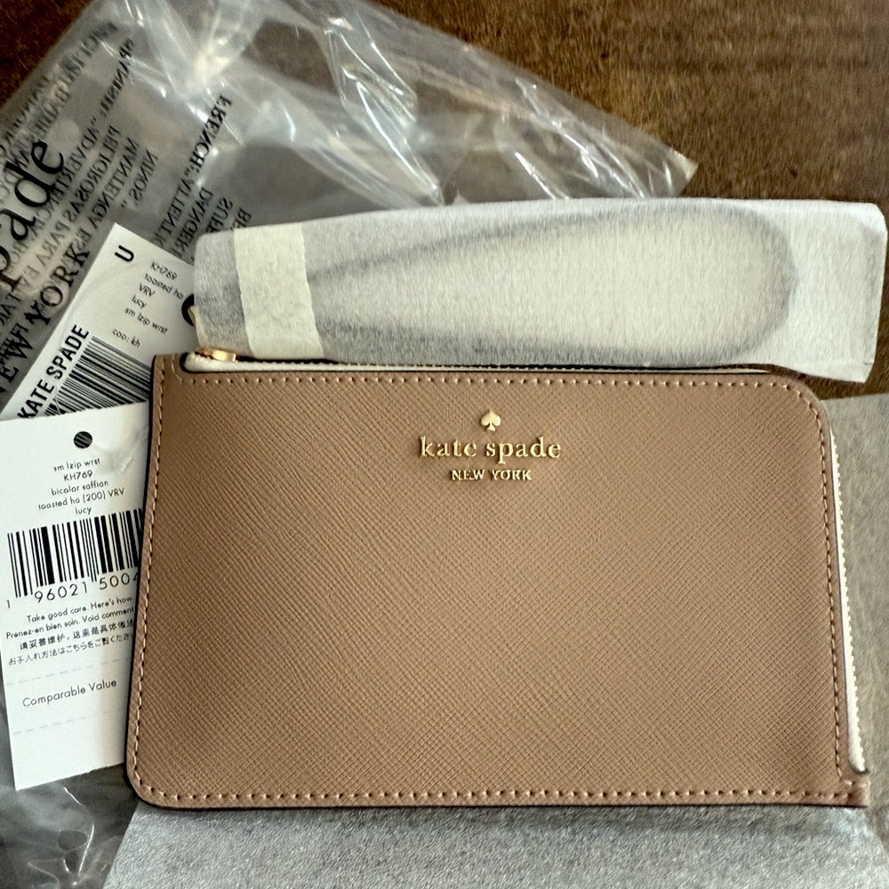 Kate Spade Lucy zip wristlet card case wallet pouch hazelnut brown ivory $99 new